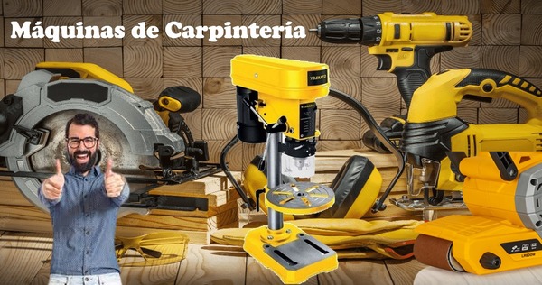 Máquinas-de-carpintería-esenciales-para-iniciar-un-taller-de-carpintería-hombre-alzando-las-manos-junto-a-6-herramientas-eléctricas-fundamentales